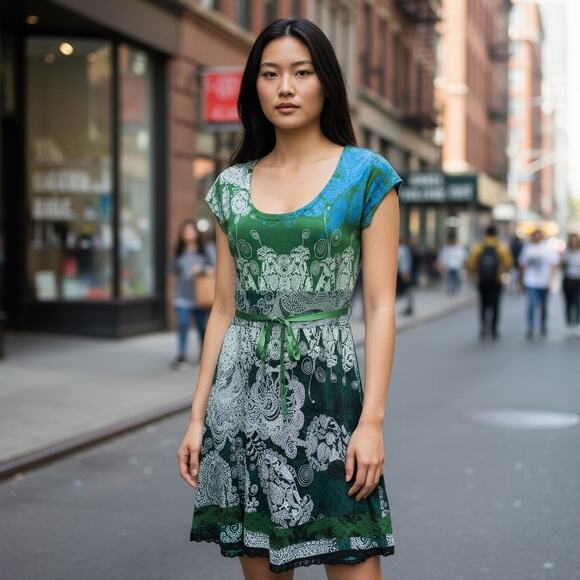 Desigual Green Paisley Print Dress M Ribbon Belt Knee Length Whimsical Boho - Picture 1 of 10